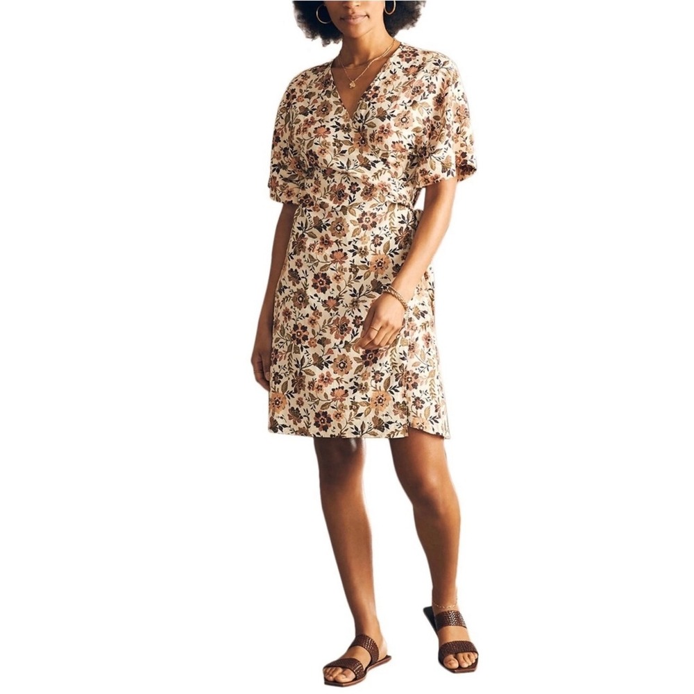 Faherty Womens Floral Linen Blend Wrap Dress XL Cream Tan Brown Short Sleeve NWT